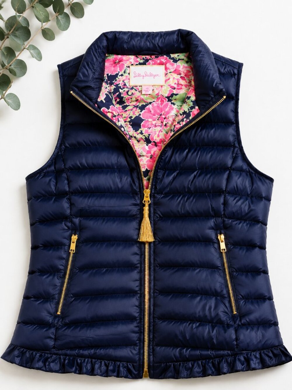 Lilly Pulitzer Down Puffer Vest XS Navy Floral Quilted Lightweight Vest